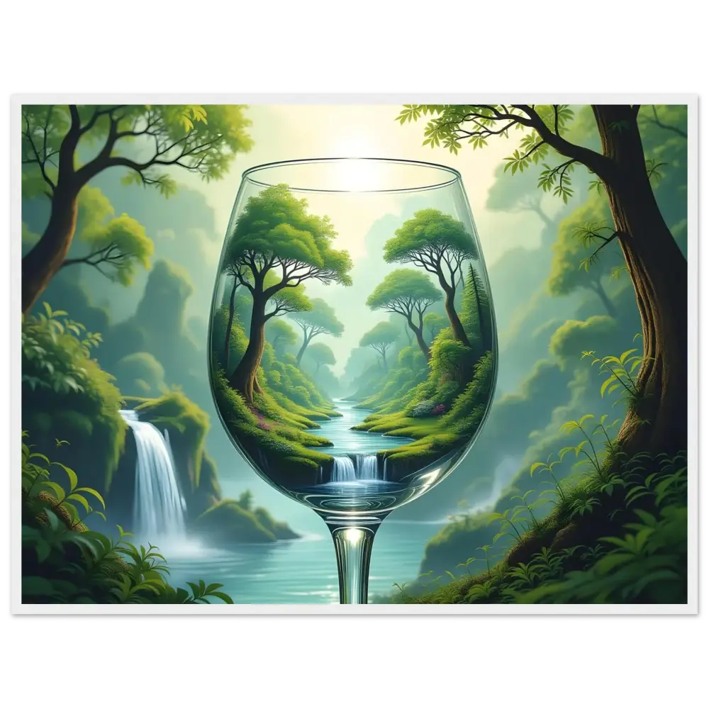 Wine glass with lush forest landscape in PixiOnyx Dreamcore Surreal Forest Art frame