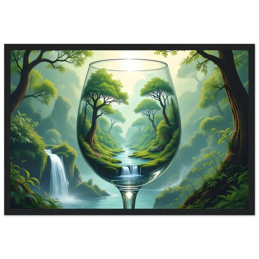 Wine glass with a lush forest landscape showcasing PixiOnyx Dreamcore Art display