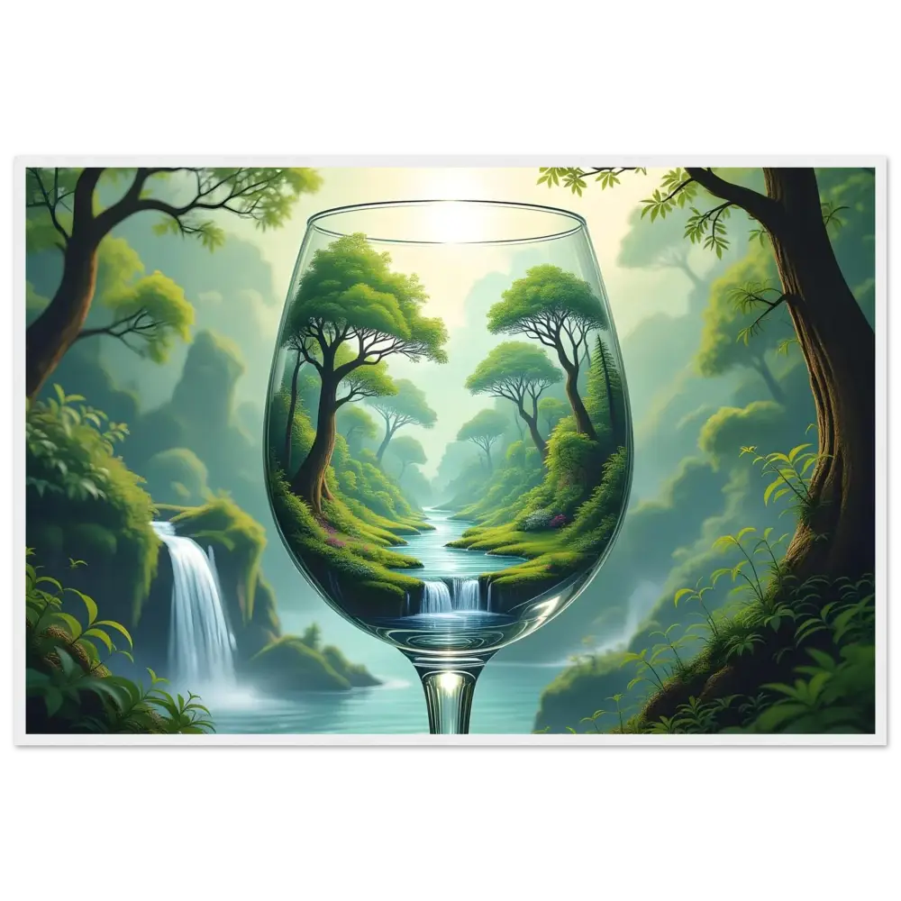Wine glass with lush forest landscape in PixiOnyx Dreamcore Framed Surreal Forest Art