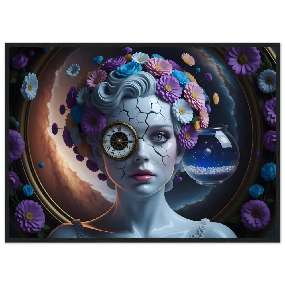 Surreal cracked porcelain woman with clock eye and floral headdress in PixiOnyx Dreamcore Display