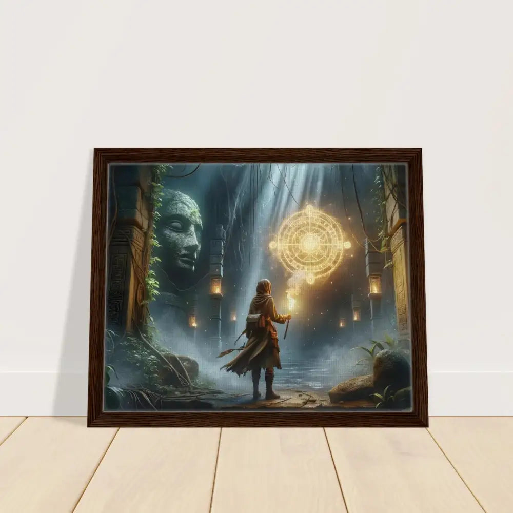 Framed Torchbearer Canvas with glowing glyph explorer fantasy art print in PixiOnyx Jungle Lore