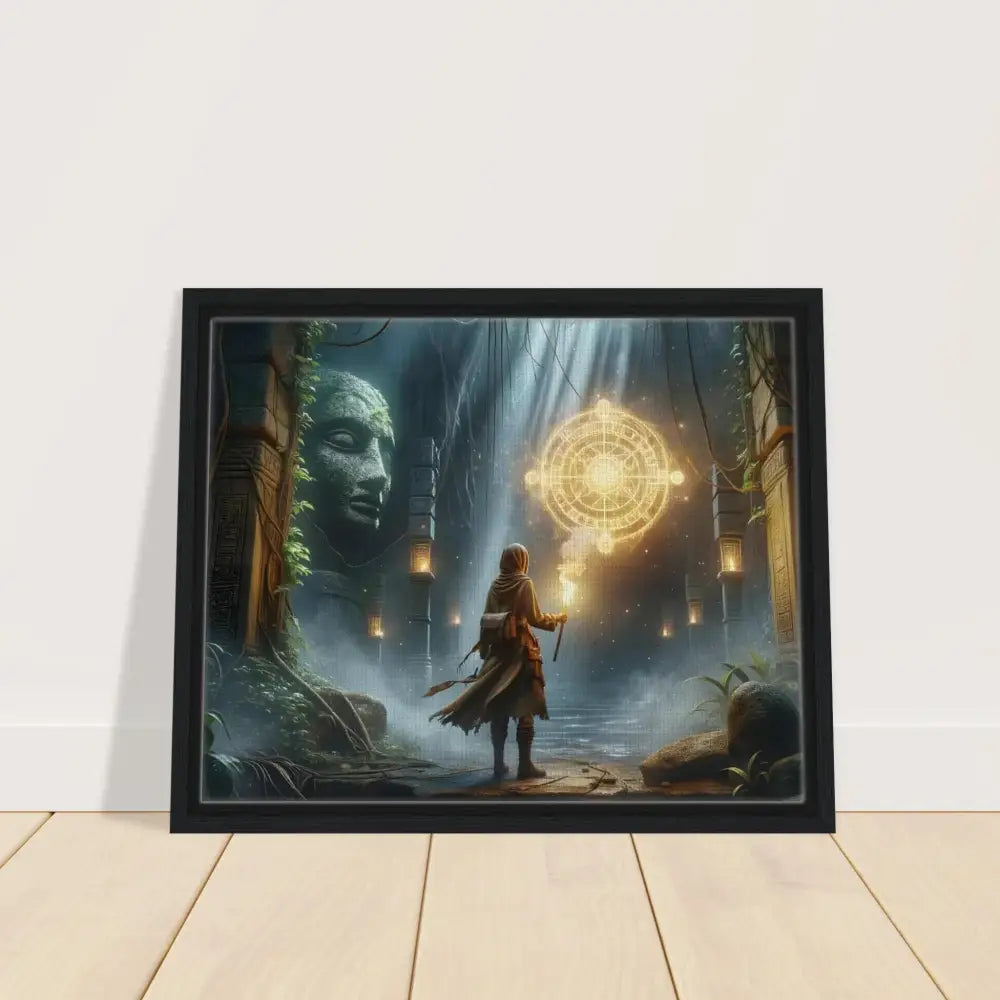 Framed fantasy art print of Torchbearer Canvas Glowing Glyph Explorer Art from PixiOnyx Jungle Lore