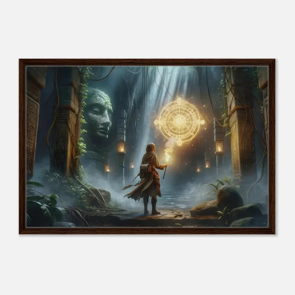 Framed fantasy adventure scene with torchbearer and glowing glyph explorer art in PixiOnyx Jungle Lore