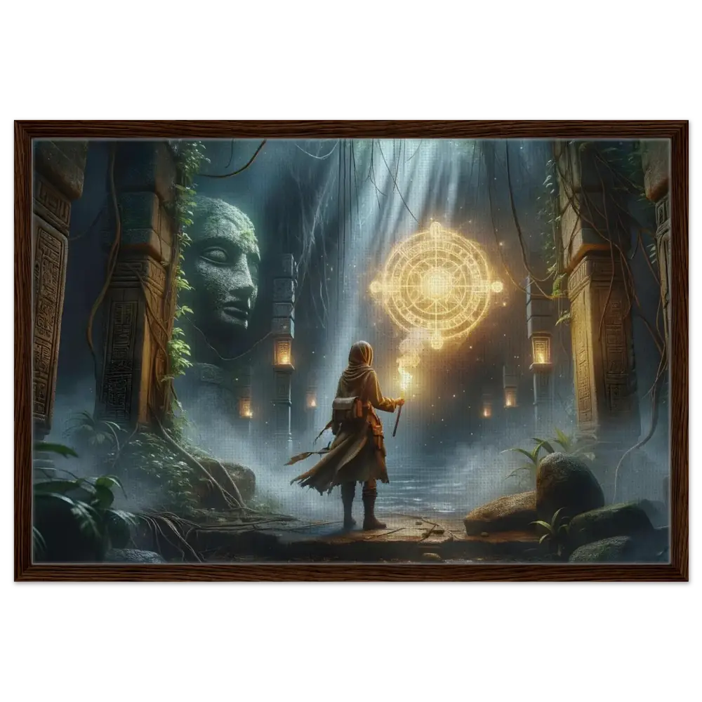 Framed fantasy artwork of a Torchbearer exploring glowing glyphs in Jungle Lore scene