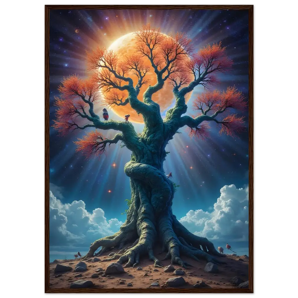 Majestic tree silhouette against radiant moon on PixiOnyx Matte Print Framed Tree of Light Art