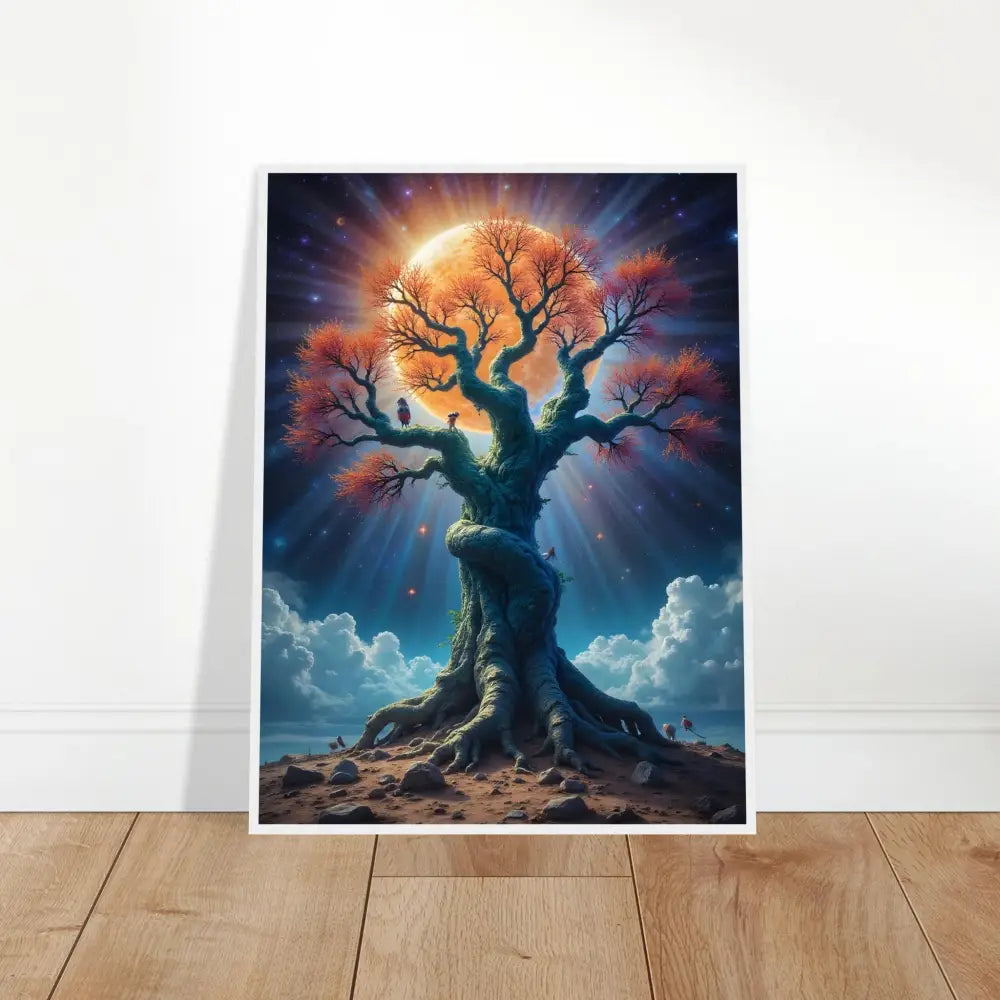 Framed fantasy tree art called Cosmic Roots displayed in PixiOnyx Matte Print style