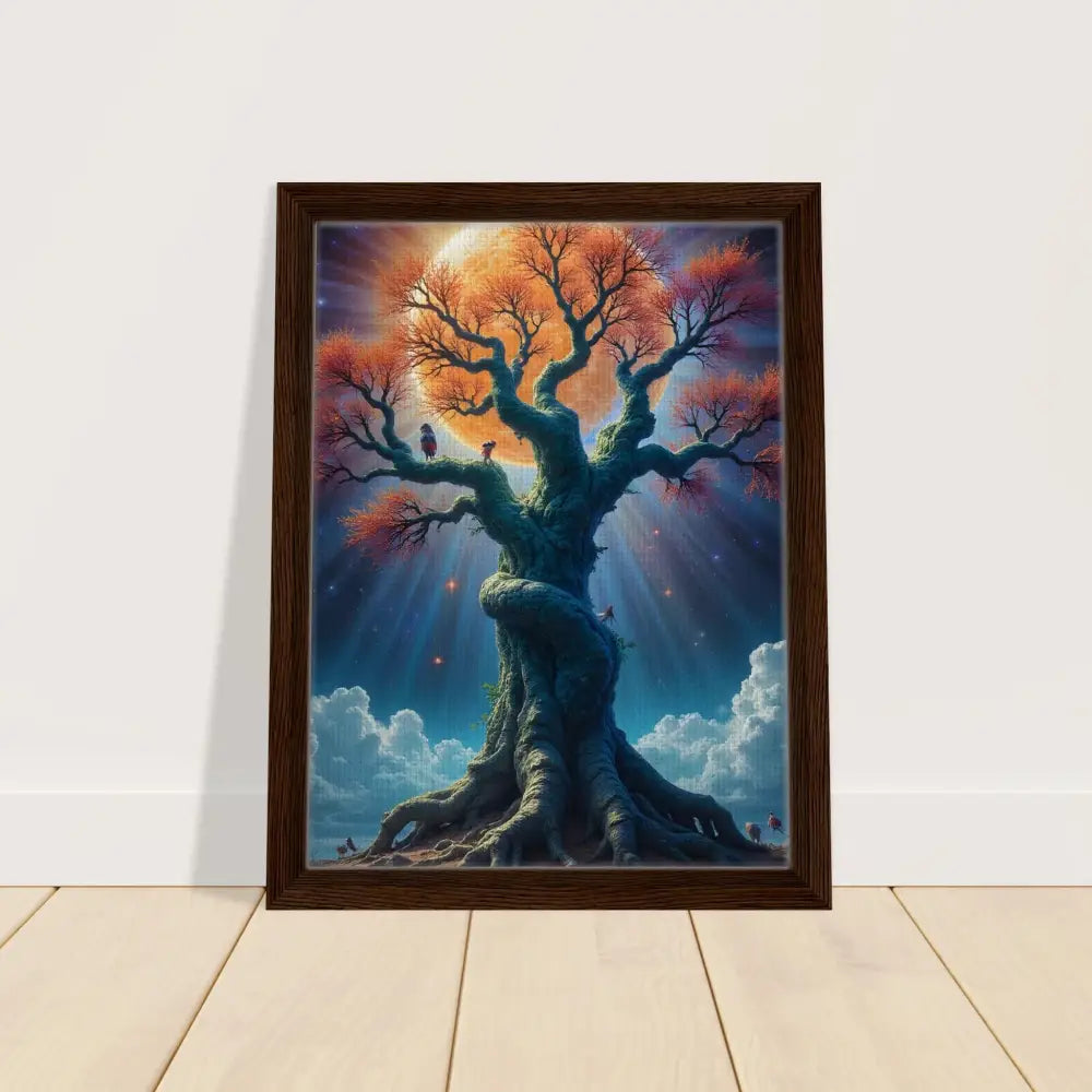 Framed Tree of Light Canvas Cosmic Roots Fantasy Wall Art displayed in a stylish home decor setting
