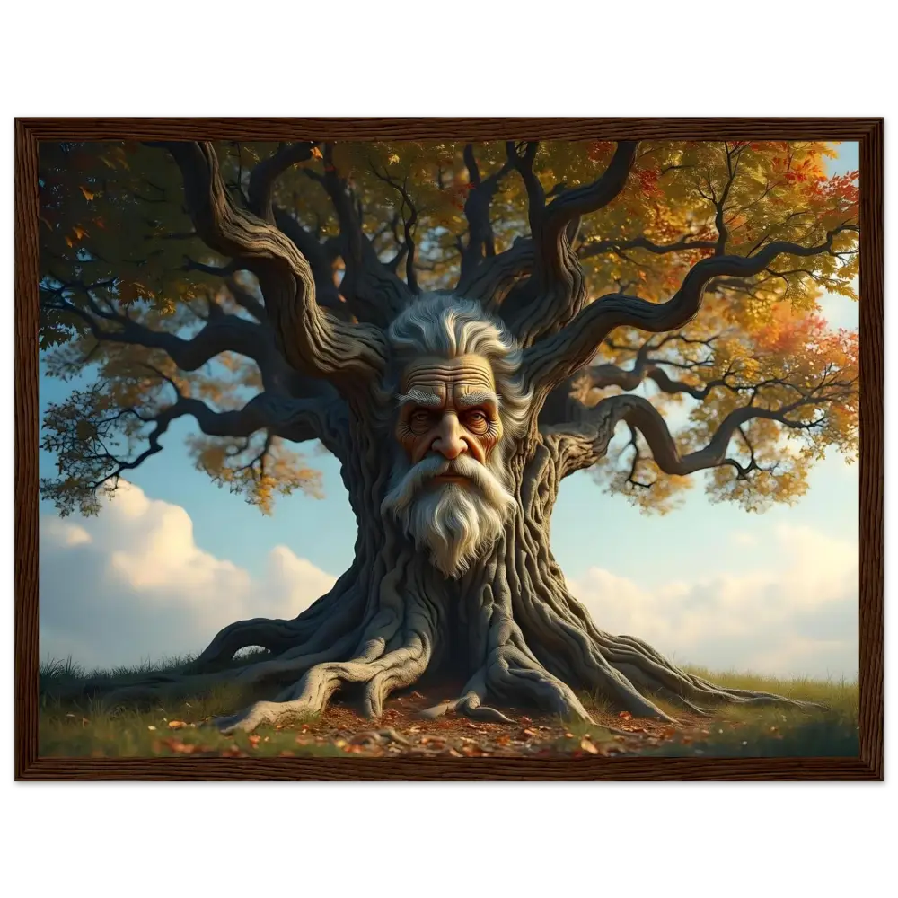 Framed Treeface Art showcasing a wise old man’s face called The Wisdomroot Sentinel by PixiOnyx