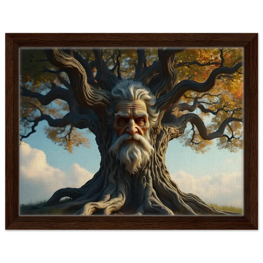 Framed Treeface Canvas depicting a wise tree-man portrait for PixiOnyx Woodland Display