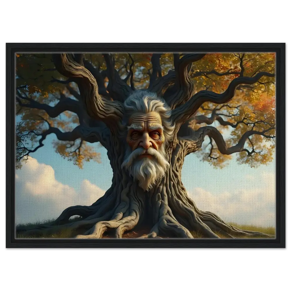 Framed Treeface Canvas depicting an old man’s face with ancient wisdom in a Woodland display