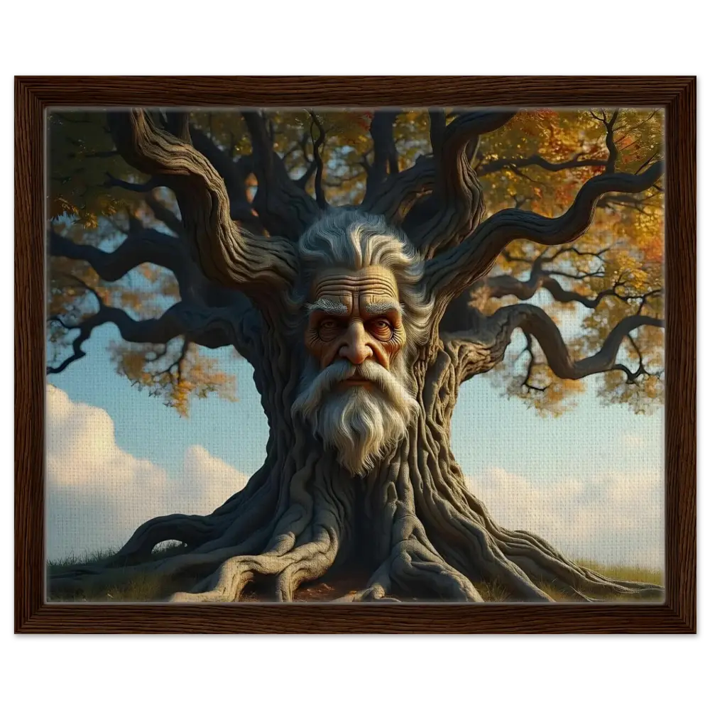 Framed Treeface Canvas displaying a majestic tree-man portrait by PixiOnyx Woodland Display