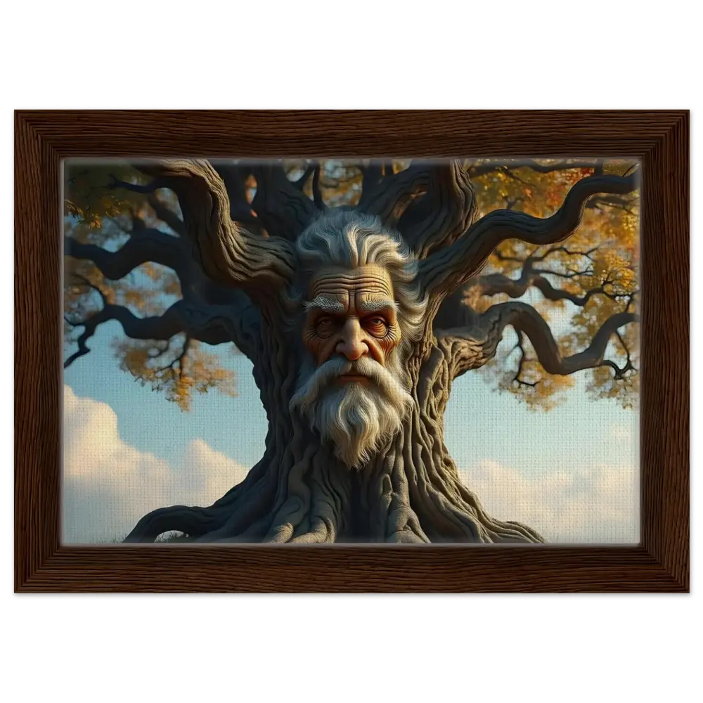 Framed Treeface Canvas depicting a tree-man portrait called Wisdomroot Sentinel