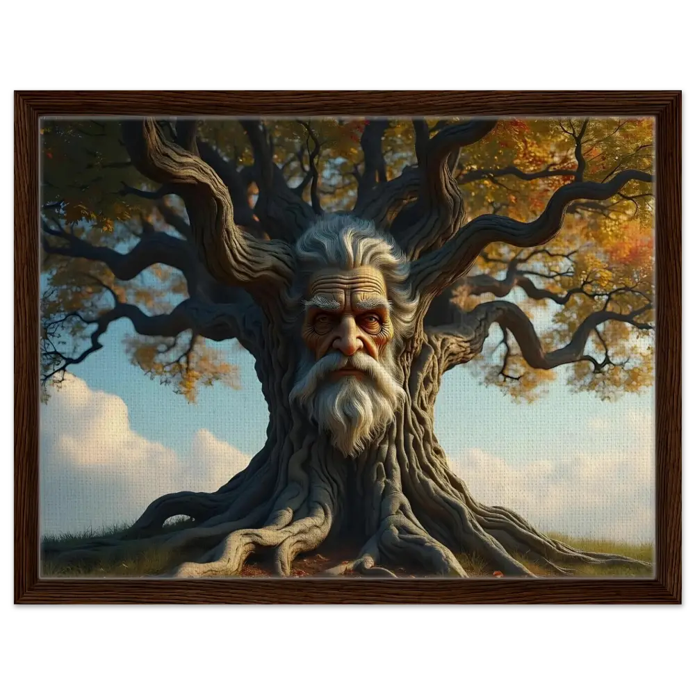 Framed Treeface Canvas artwork depicting a wise woodland tree-man character displaying The Wisdomroot Sentinel style