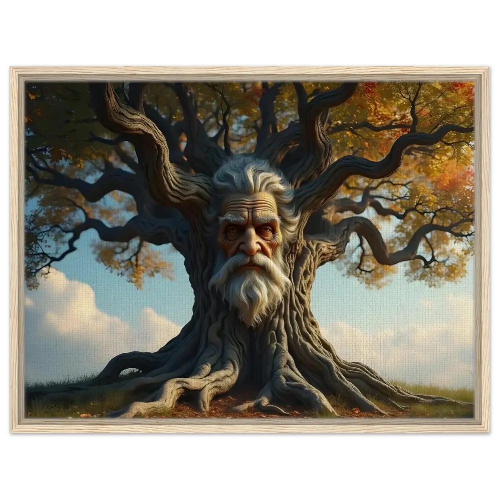 Framed Treeface Canvas showcasing a wise old man’s face in PixiOnyx Woodland Display
