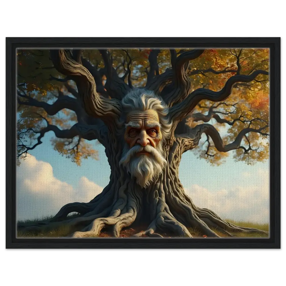 Framed Treeface Canvas featuring an ancient tree with an old man’s face for Woodland display