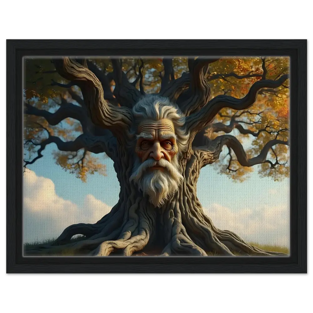 Framed Treeface Canvas showing an old man’s face as The Wisdomroot Sentinel artwork
