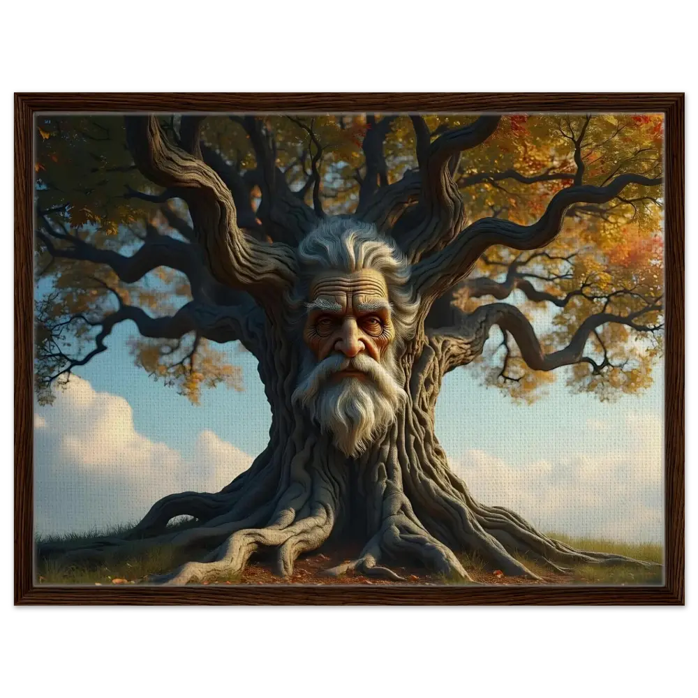 Framed Treeface Canvas featuring an old man’s face in the PixiOnyx Woodland Display