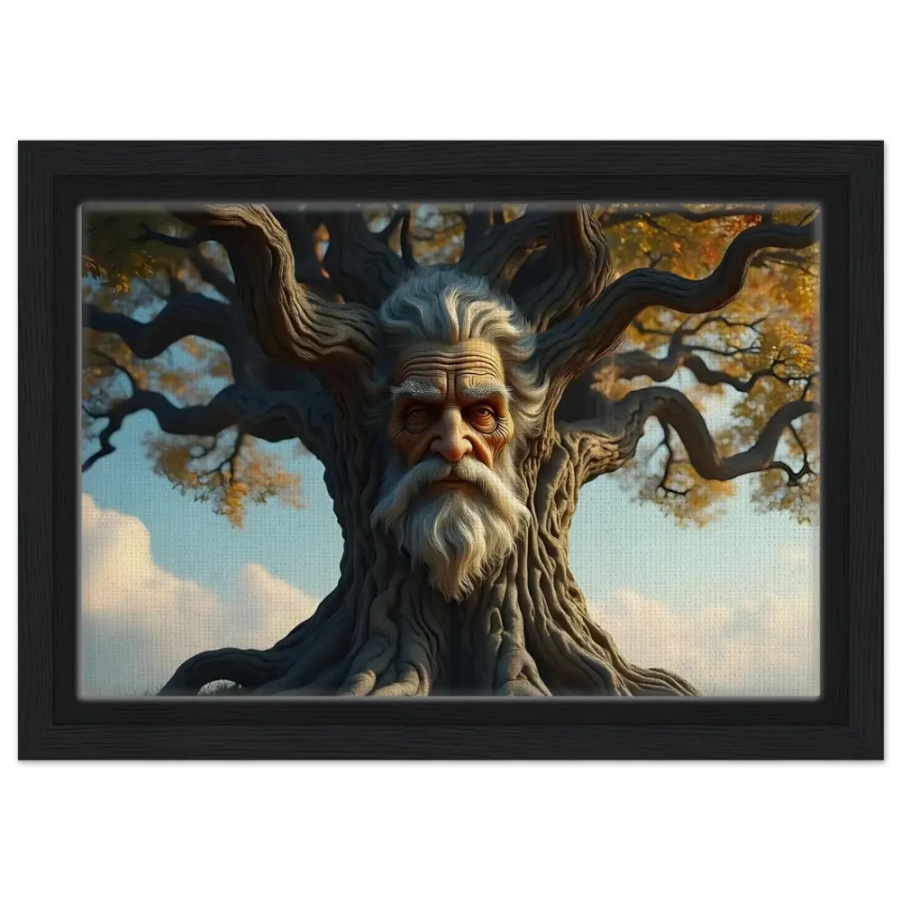 Framed Treeface Canvas artwork featuring a tree-shaped face titled The Wisdomroot Sentinel