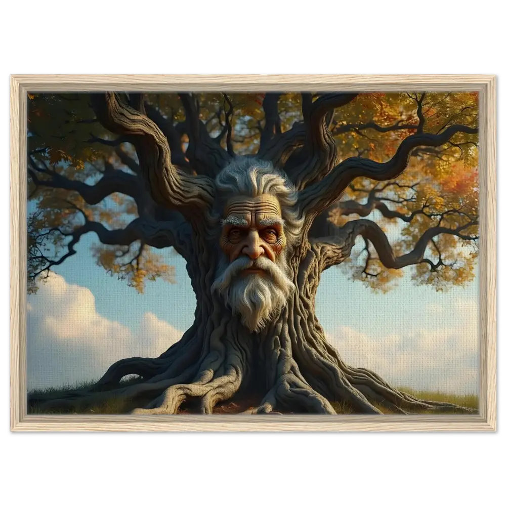 Framed Treeface Canvas depicting an old man’s wise face in Woodland style display