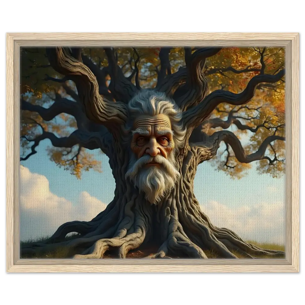 Framed Treeface Canvas showcasing a wise old man’s face in PixiOnyx Woodland Display