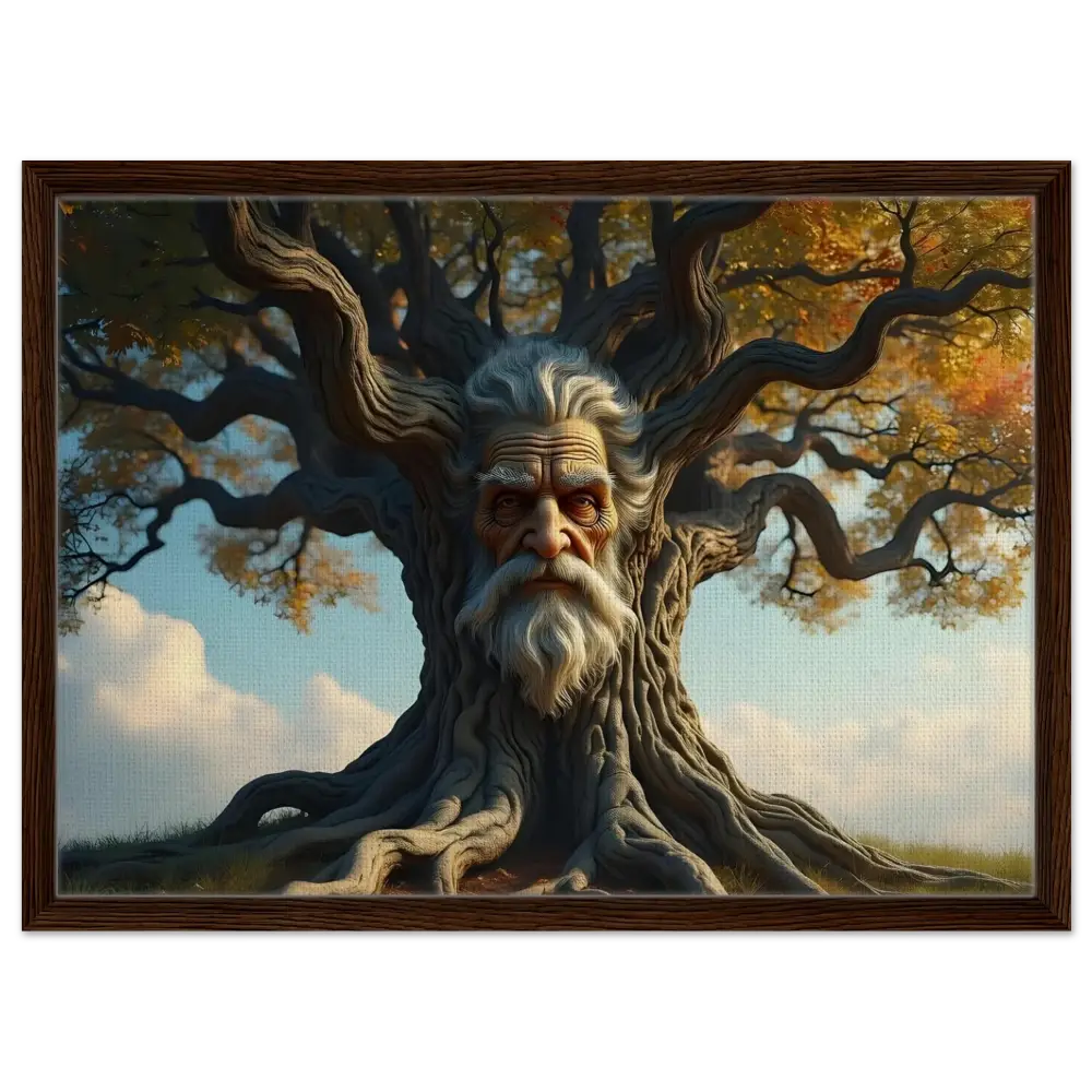 Framed Treeface Canvas featuring an old man’s face, The Wisdomroot Sentinel artwork