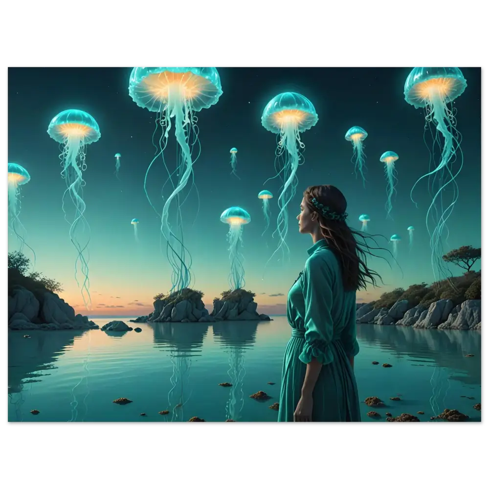 Surreal jellyfish underwater landscape with a woman in Celestial Waterscape Art by PixiOnyx