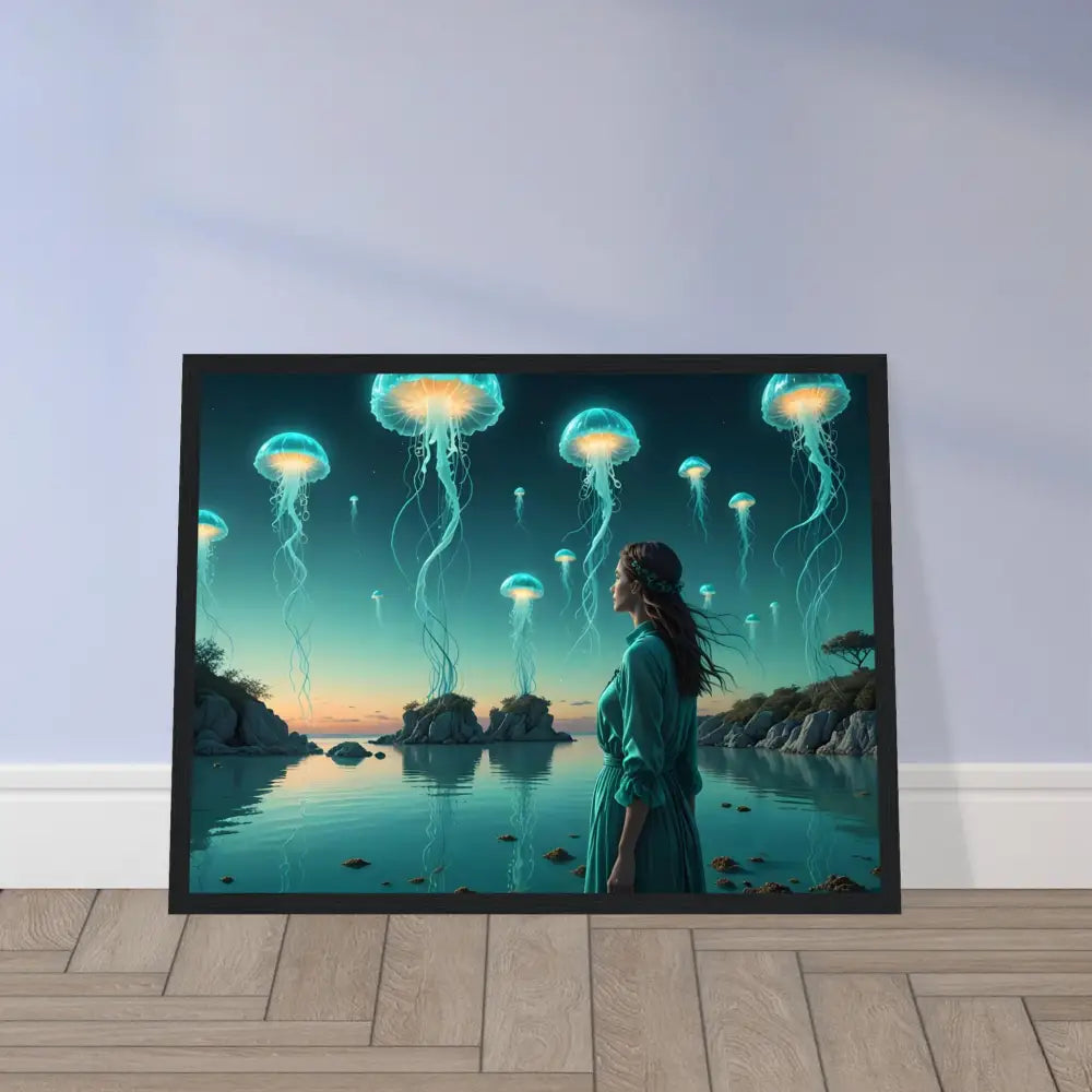 Framed Turquoise Ascension celestial waterscape art featuring jellyfish for wall decor
