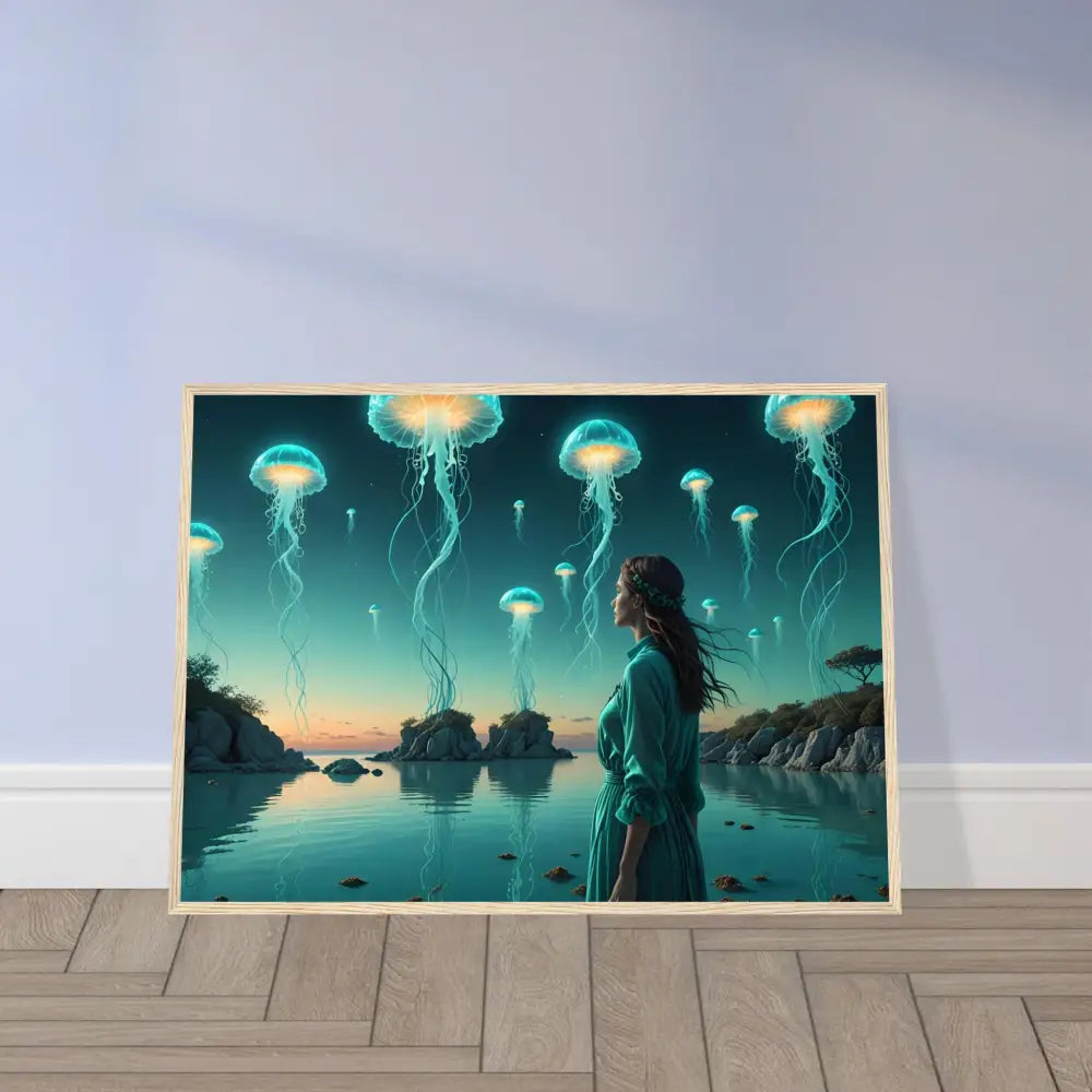 Framed Turquoise Ascension Celestial Waterscape Art featuring Jellyfish landscape pendant
