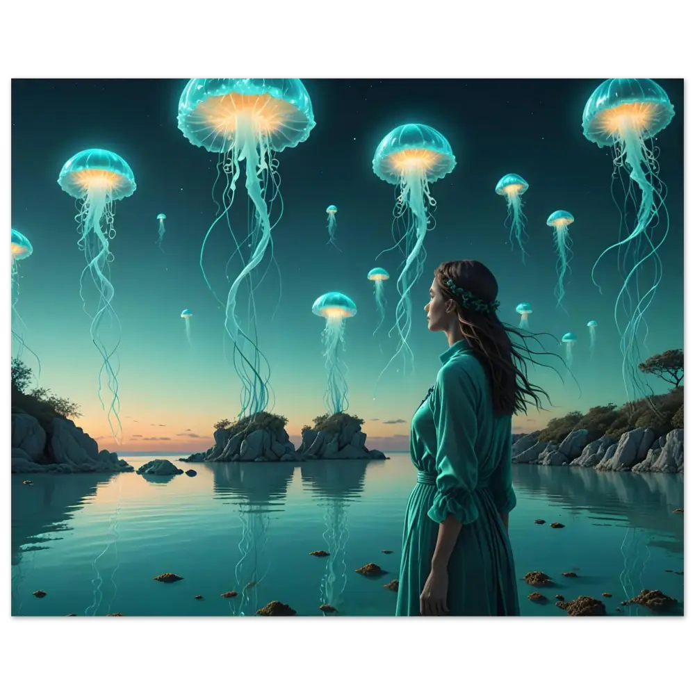 Surreal jellyfish landscape with woman in Turquoise Ascension Celestial Waterscape art print