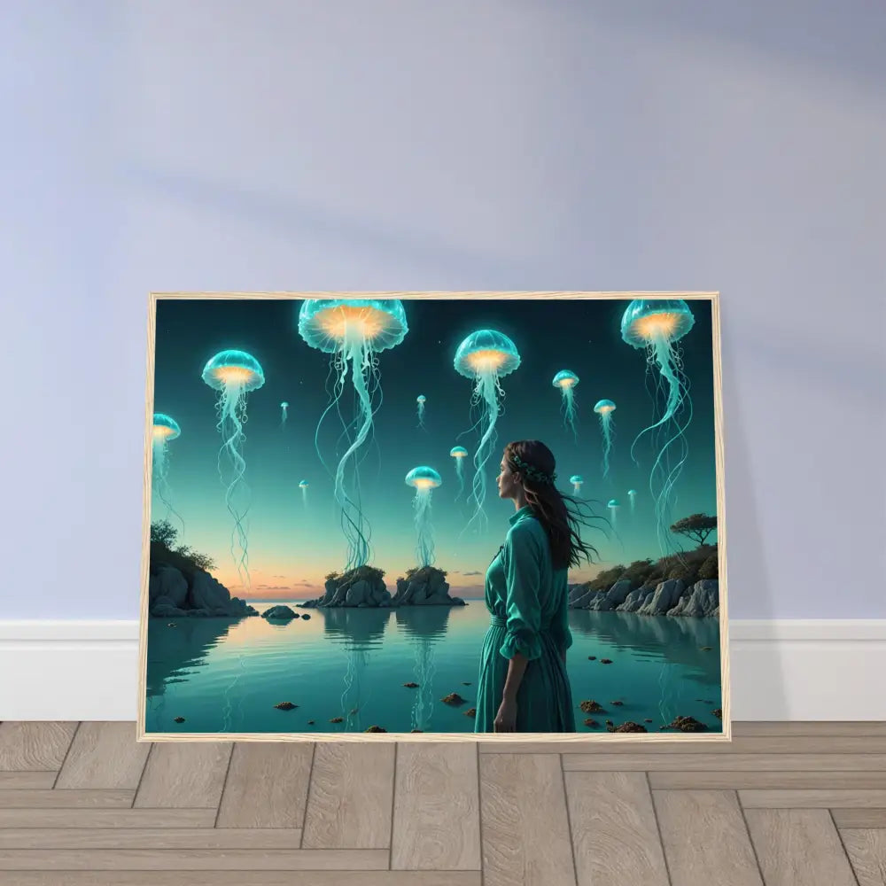 Framed Turquoise Ascension celestial waterscape art featuring a jellyfish landscape print