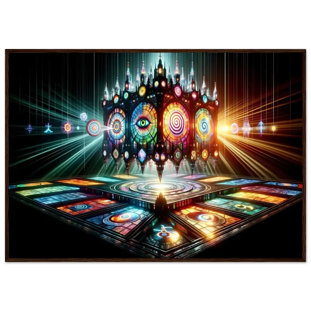 Ornate stained-glass cathedral displayed on Framed Visionary Cathedral PixiOnyx Light Shrine Print