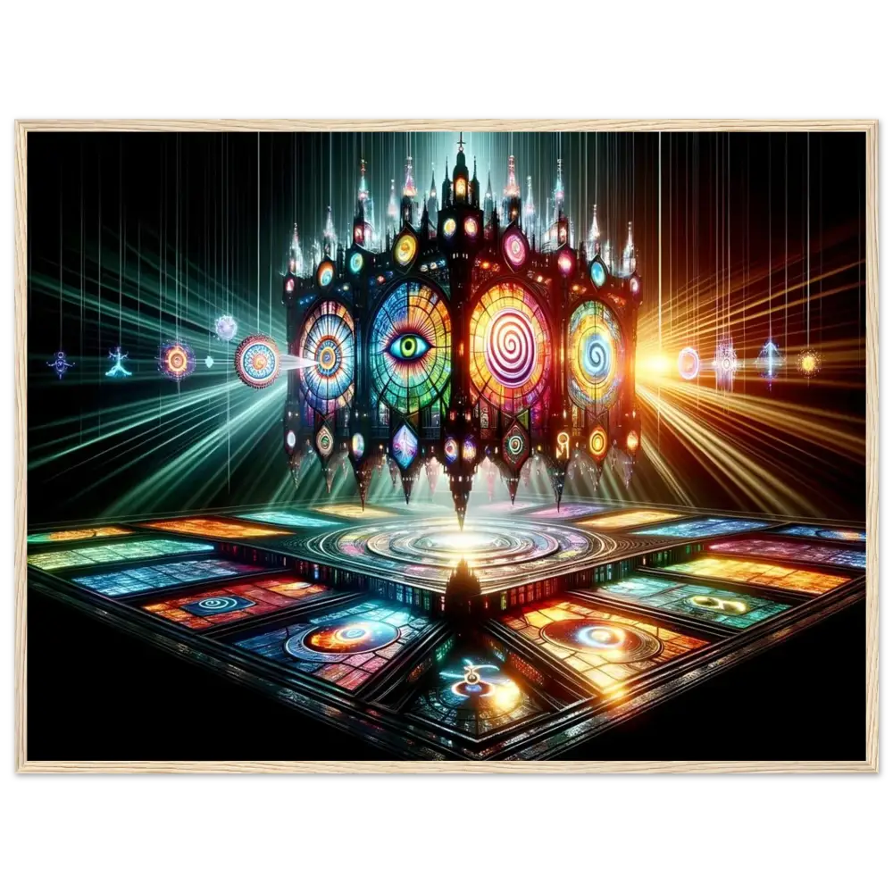 Ornate stained-glass cathedral image on Framed Visionary Cathedral PixiOnyx Light Shrine Print