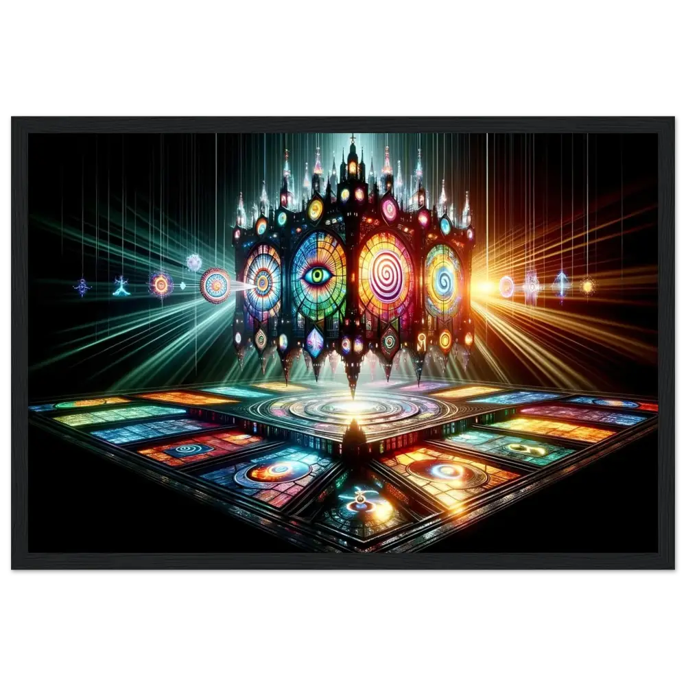 Colorful stained-glass cathedral structure in Framed Visionary Cathedral PixiOnyx Light Shrine Print