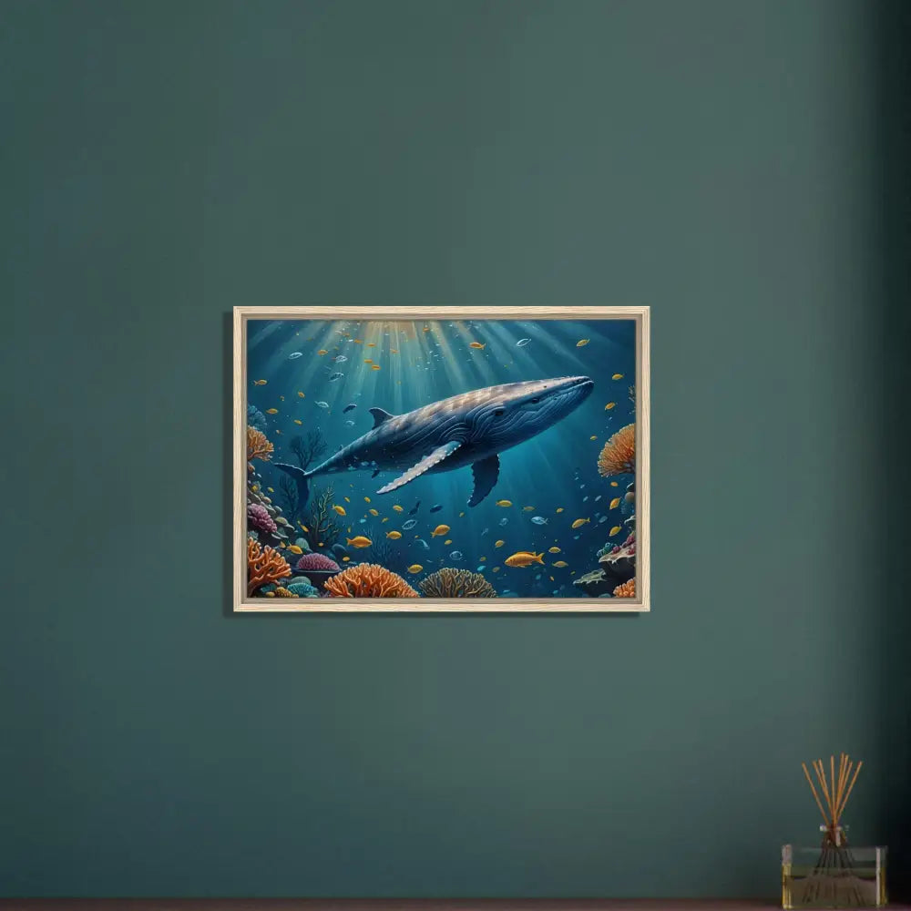 Framed Whale Canvas depicting a whale swimming in a vibrant coral reef painting