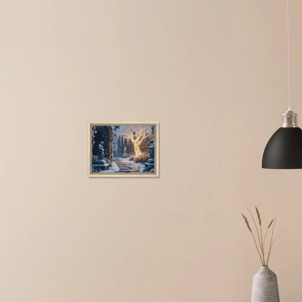Framed winter landscape painting of a glowing ice garden on PixiOnyx matte canvas