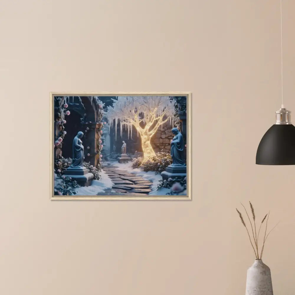 Framed winter garden artwork featuring a glowing ice tree on a matte canvas display