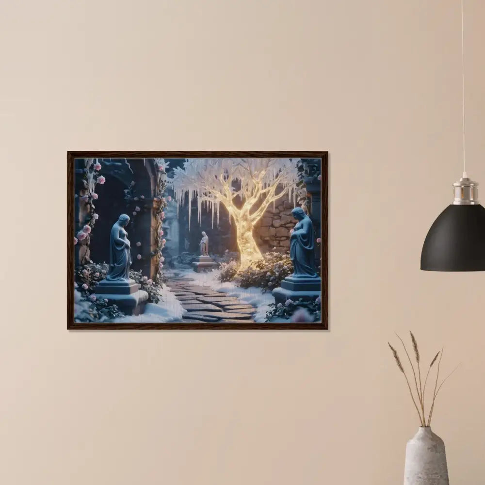 Framed winter garden scene featuring a glowing ice garden on PixiOnyx Matte Canvas