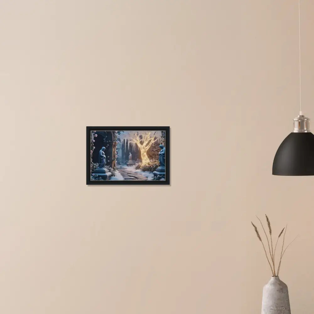 Framed fantasy art of a winter tree in a glowing ice garden on PixiOnyx Matte Canvas