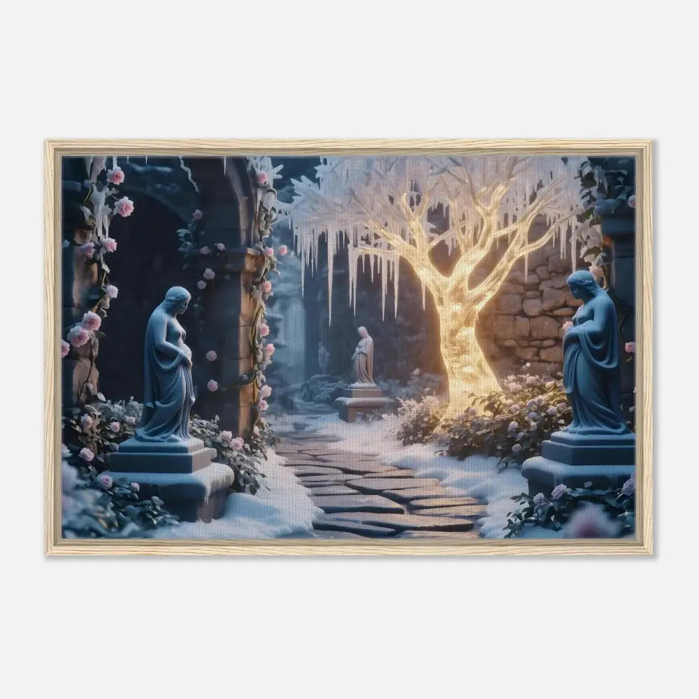 Framed winter garden scene with glowing ice trees on PixiOnyx Matte Canvas