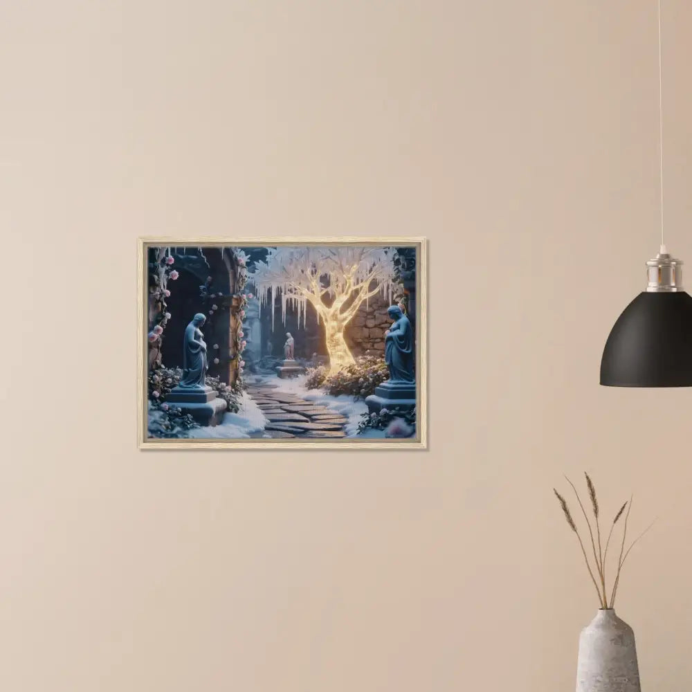 Framed winter garden scene with glowing ice trees on PixiOnyx Matte Canvas