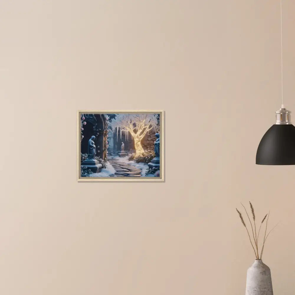 Framed Winter Tree Art displaying a glowing ice garden scene on PixiOnyx Matte Canvas