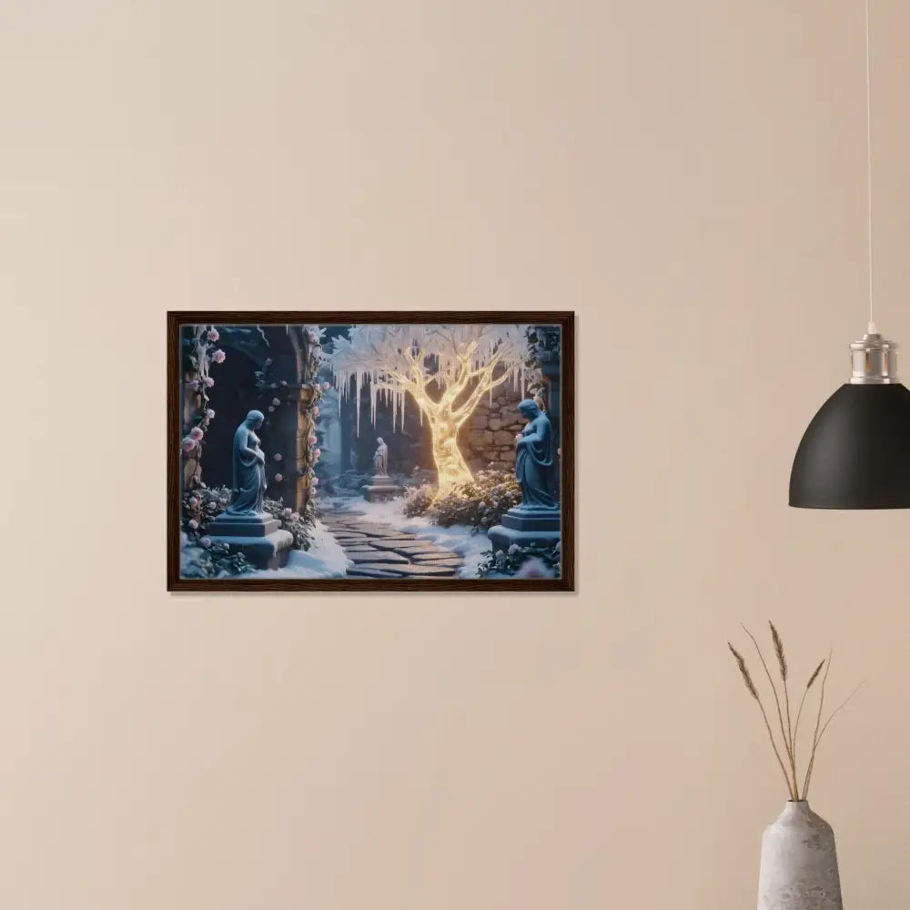 Framed winter garden scene artwork on PixiOnyx matte canvas titled Glowing Ice Garden