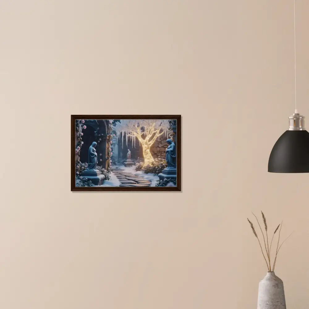 Framed winter garden artwork with glowing ice tree on PixiOnyx matte canvas