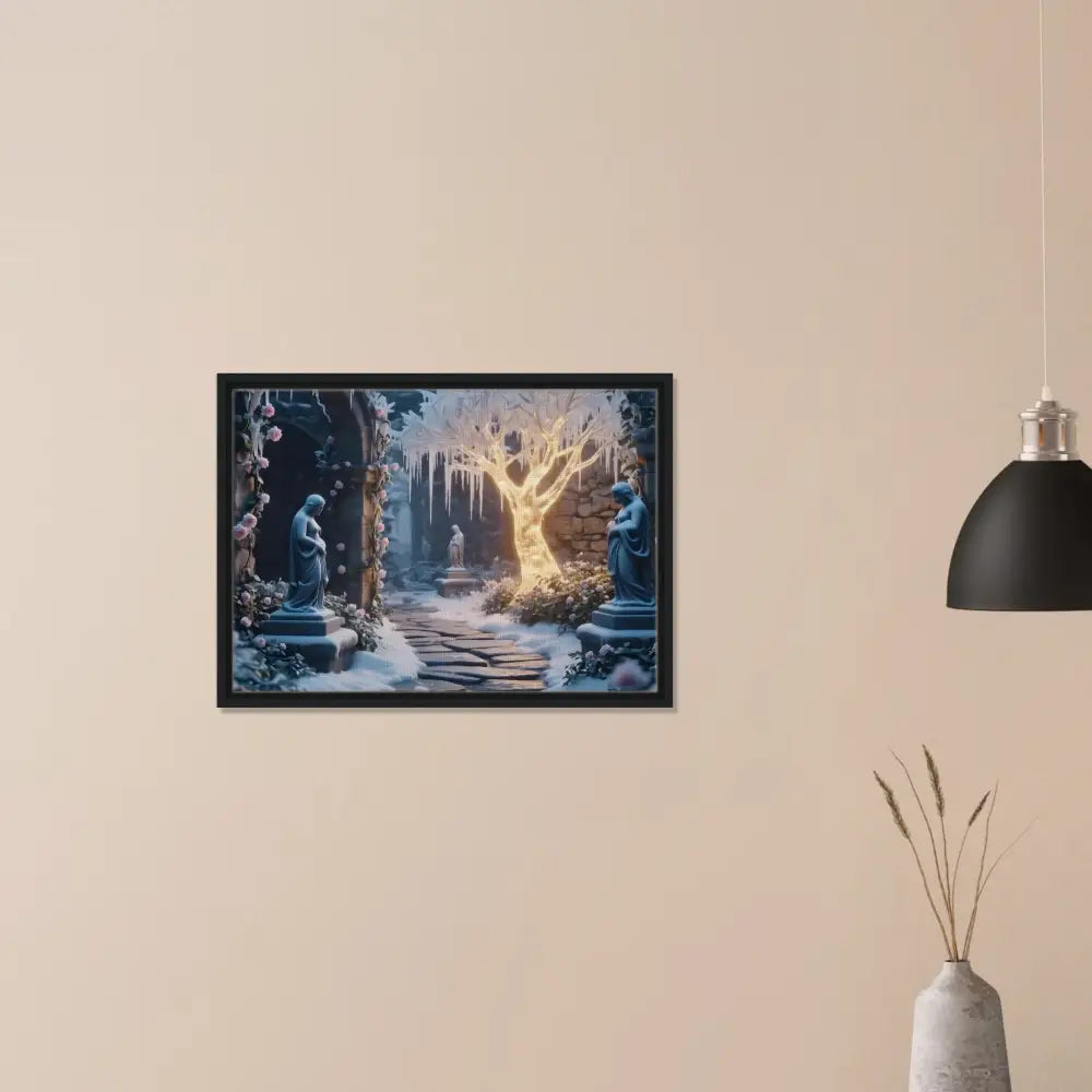 Framed winter garden scene artwork on PixiOnyx Matte Canvas showcasing a glowing ice tree