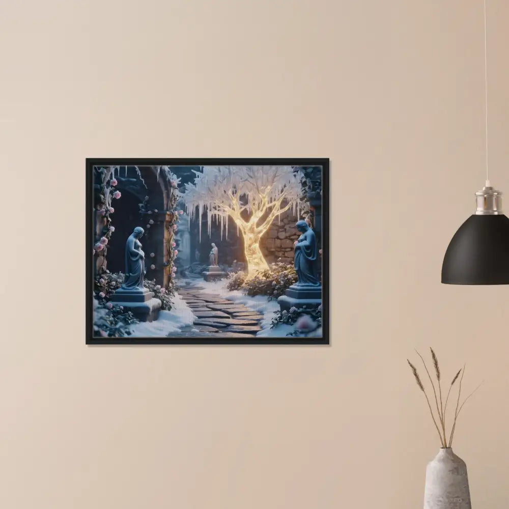 Framed winter garden artwork on PixiOnyx matte canvas showcasing a glowing ice garden scene