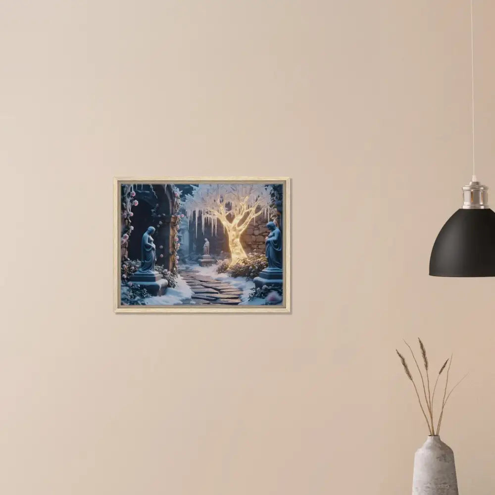 Framed winter garden artwork displaying a glowing ice tree on PixiOnyx matte canvas