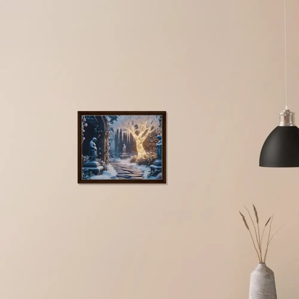 Framed winter garden scene featuring a glowing ice tree art on PixiOnyx matte canvas