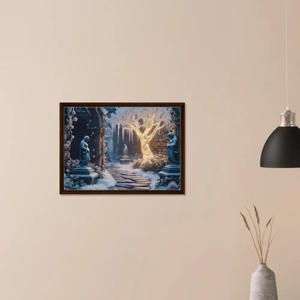 Framed winter garden artwork on PixiOnyx matte canvas artwork display