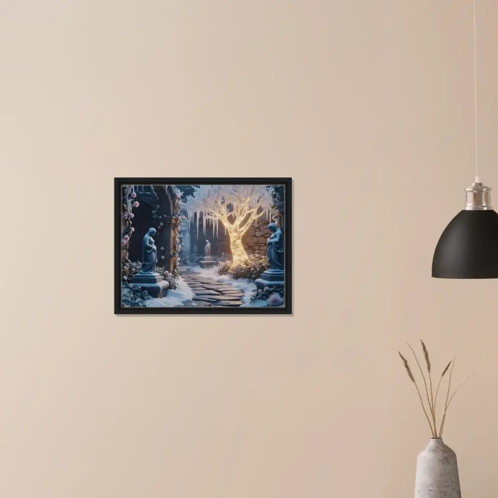Framed winter garden artwork titled Glowing Ice Garden on PixiOnyx Matte Canvas