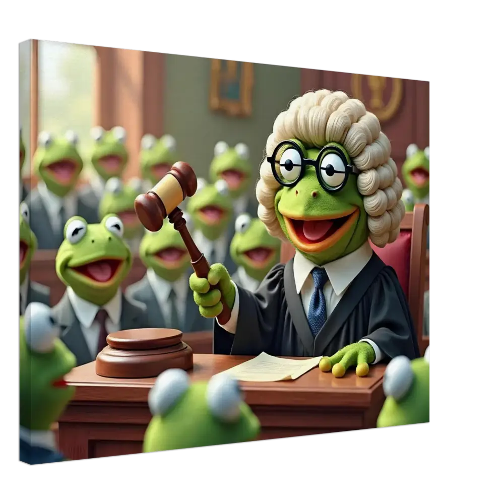 Kermit the Frog judge featured on Frog Courtroom Canvas artwork for surreal wall display